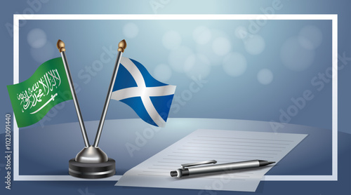 Saudi Arabia and Scotland Small national flag on bokeh background, cooperative relationship