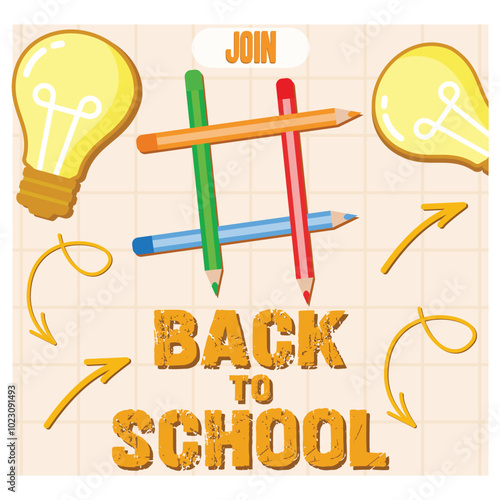  Back to school with tic tac toe game, pencils makes and lamp idea doodle sketch. Flat vector modern illustration