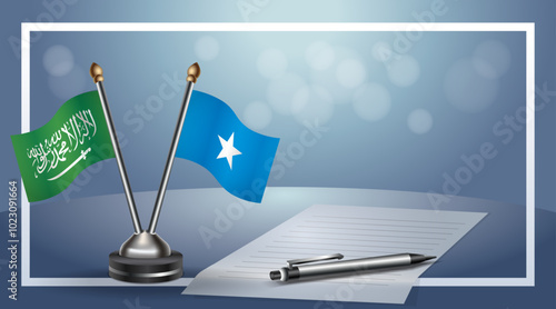 Saudi Arabia and Somalia Small national flag on bokeh background, cooperative relationship