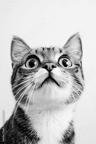 Close-up shot of a shocked cat with wide eyes and an expressive face, set against a clean white background.