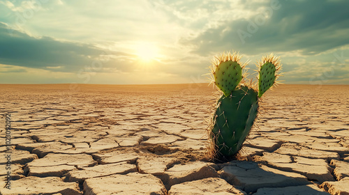 Cactus in the middle of a cracked desert. Global warming concept, water scarcity, climate change effects, dry land.