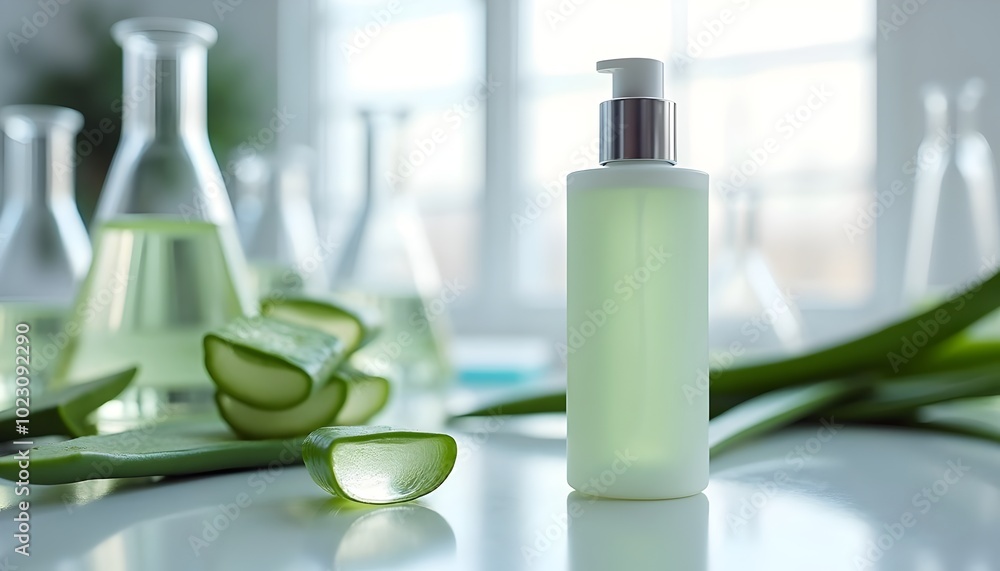 Aloe Vera Lotion Bottle in a Clean Modern Laboratory Setting Aloe Vera Lotion Bottle in a Clean Modern Laboratory Setting