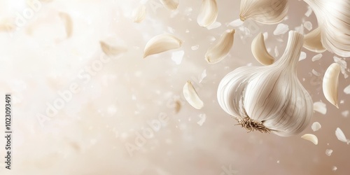 Fresh garlic cloves scattered against a soft background, representing culinary art and healthy cooking. photo