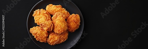 Golden, crispy fried chicken pieces served on a black plate, perfect for food lovers and culinary enthusiasts. photo