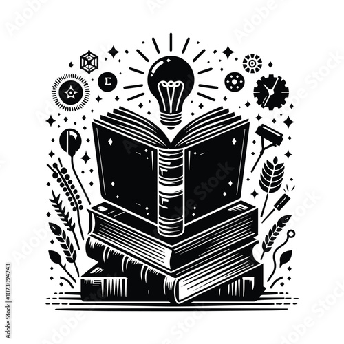 A black and white illustration depicting a book with a plant emerging from its pages, symbolizing growth and knowledge.