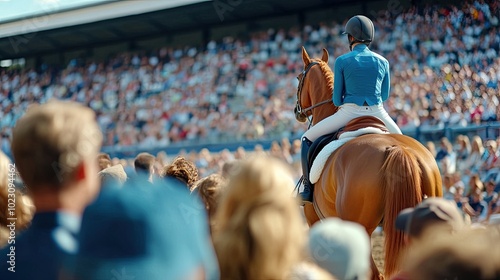 A rider on a chestnut horse, preparing for an equestrian event in front of an enthusiastic crowd at a horse show.