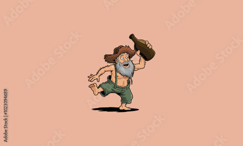Cartoon man with a big hat running barefoot holding bottle.