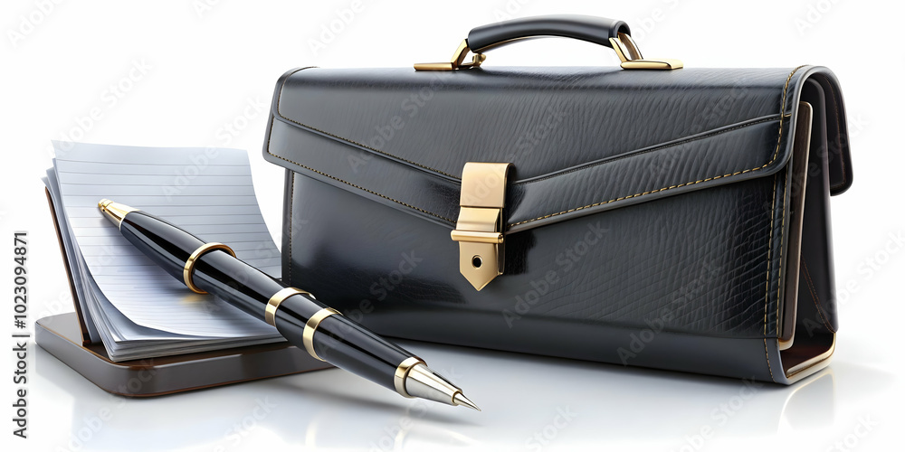 3D Glossy Briefcase with Marketing Documents & Fountain Pen Concept - Professional Marketing Officer Design on Polished Surface, Isolated Icon 3D Glossy Briefcase with Marketing Documents & Fountain Pen Concept - Professional Marketing Officer Design on Polished Surface, Isolated Icon