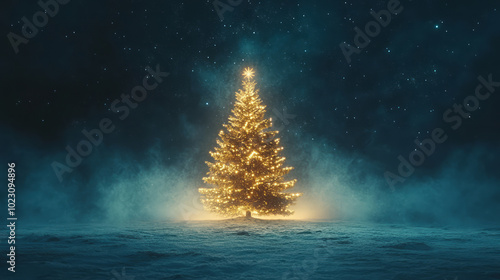 Fantastic winter landscape with christmas tree and copy space