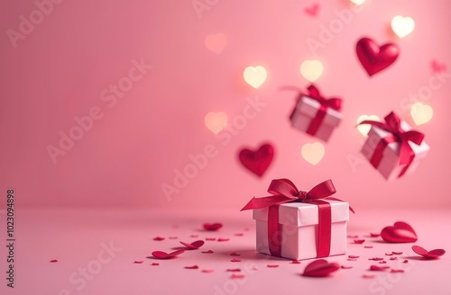 Gift pink boxes with red ribbons floating in the air over Valentine's day background with blurred bokeh hearts with space for text.