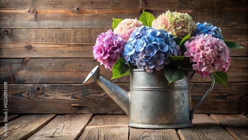 Hydrangea blooms, in shades of pink and blue, fill a weathered watering can, resting on a rustic wooden surface.