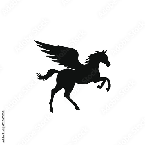 A black silhouette of a winged horse, or Pegasus, with its wings spread out and its head raised in a majestic pose 