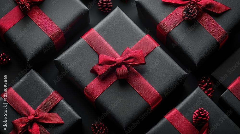 Top view of black christmas boxes with red ribbon on black background with copy space for text. Black friday and boxing day composition Top view of black christmas boxes with red ribbon on black background with copy space for text. Black friday and boxing day composition