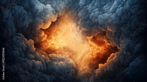 Dramatic image of dense, dark clouds with an intense, fiery orange glow in the center, resembling a stormy sky with a burning core.