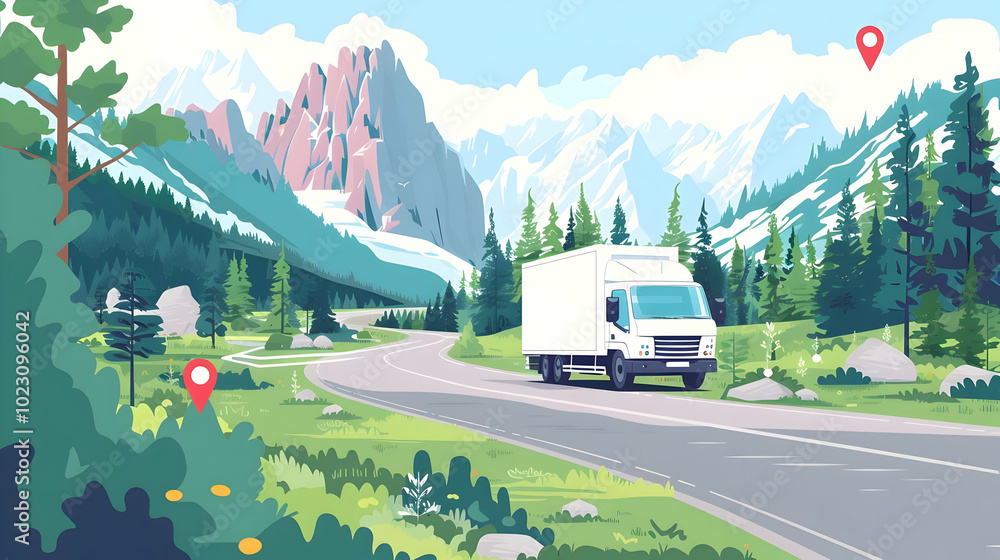 White delivery truck driving on a winding mountain road. White delivery truck driving on a winding mountain road.
