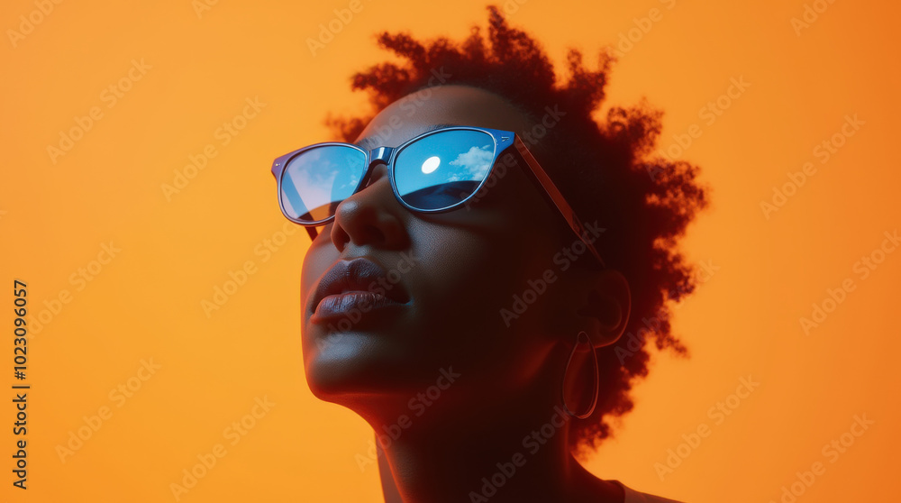 Vibrant Silhouette Portrait with Sunglasses Reflecting Blue Sky and White Clouds – Modern Fashion, Futuristic Vibes, Colorful Background Vibrant Silhouette Portrait with Sunglasses Reflecting Blue Sky and White Clouds – Modern Fashion, Futuristic Vibes, Colorful Background