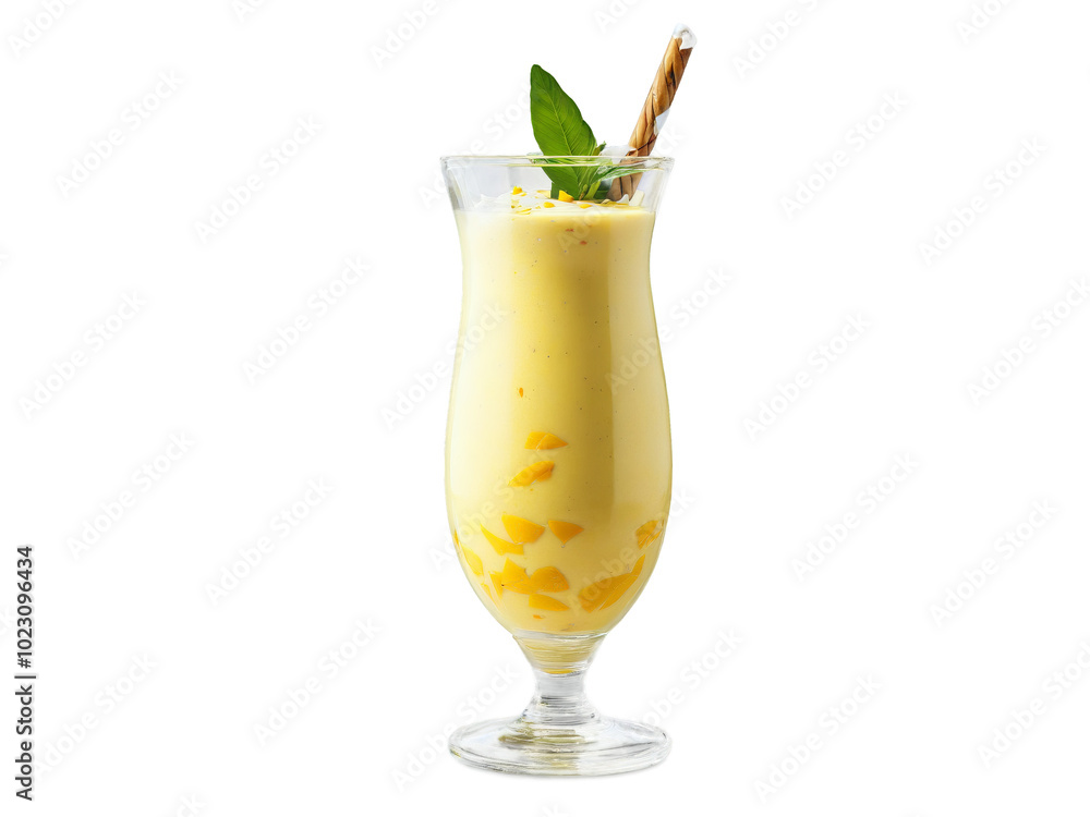 Vegan mango lassi with coconut yogurt and cardamom served in a transparent glass sweet Vegan mango lassi with coconut yogurt and cardamom served in a transparent glass sweet