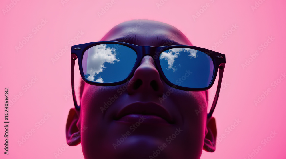 Silhouette of Person Wearing Sunglasses Reflecting Sky with Colorful Background – Modern Image for Creative Visuals Silhouette of Person Wearing Sunglasses Reflecting Sky with Colorful Background – Modern Image for Creative Visuals