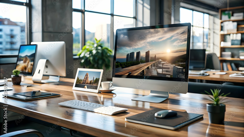 Glossy Office Environment: Marketing Materials Neatly Arranged on Desk - Professional and Polished Workspace Concepts for Photo Stock Glossy Office Environment: Marketing Materials Neatly Arranged on Desk - Professional and Polished Workspace Concepts for Photo Stock