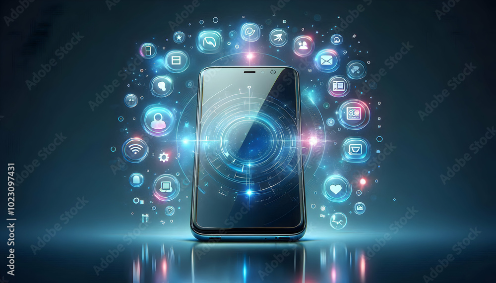 Holographic Smartphone with Futuristic Floating App Icons and Blank Copy Space for Text and Branding � Photorealistic Stock Image Concept Holographic Smartphone with Futuristic Floating App Icons and Blank Copy Space for Text and Branding � Photorealistic Stock Image Concept