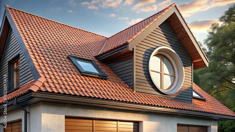 A Modern Home with a Striking Circular Window on the Roof, Surrounded by Slate Siding and Tile Roof A Modern Home with a Striking Circular Window on the Roof, Surrounded by Slate Siding and Tile Roof