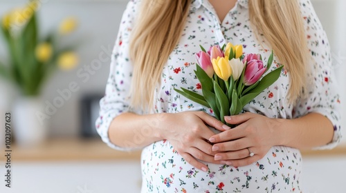 Wallpaper Mural A close-up image of a pregnant woman in a floral dress gently holding a bouquet of vibrant tulips, representing beauty, new beginnings, and maternal love. Torontodigital.ca