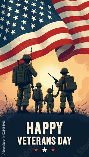 A visual representation of Veterans Day, featuring three soldiers standing in silhouette against a backdrop of a waving American flag and a sunset. The text "Happy Veterans Day" is displayed