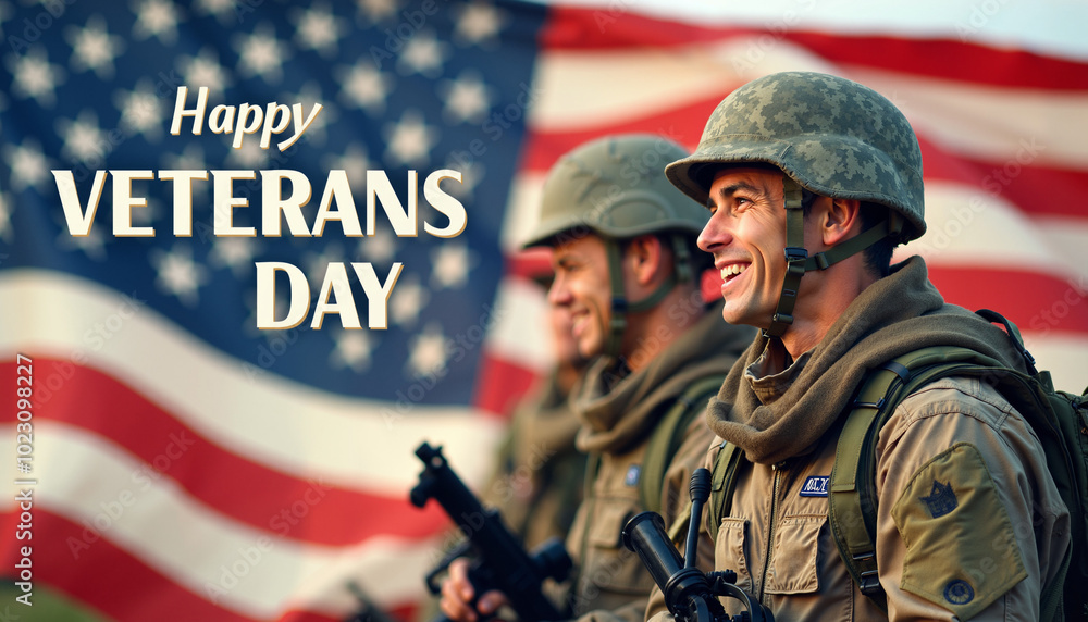 A photo of three soldiers smiling, standing in front of a waving American flag. The text A photo of three soldiers smiling, standing in front of a waving American flag. The text