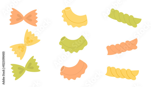 Set of colored various italian pasta. Different types pasta. Colorful farfalle, creste di galli, fusilli. Traditional cuisine Italy. Vector illustration, flat style.