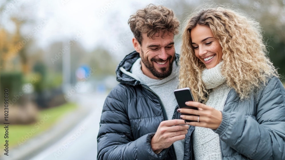 Fototapeta premium A couple wearing matching jackets stands outdoors, intently focused on their smartphone, highlighting a moment of shared interest and connectivity amidst a chilly setting.