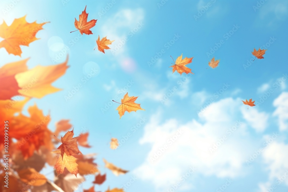 Autumn leaves falling bright sky Autumn leaves falling bright sky