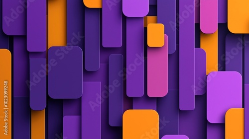 Abstract geometric background featuring overlapping purple, orange, and pink rectangular shapes with rounded corners in a layered pattern.