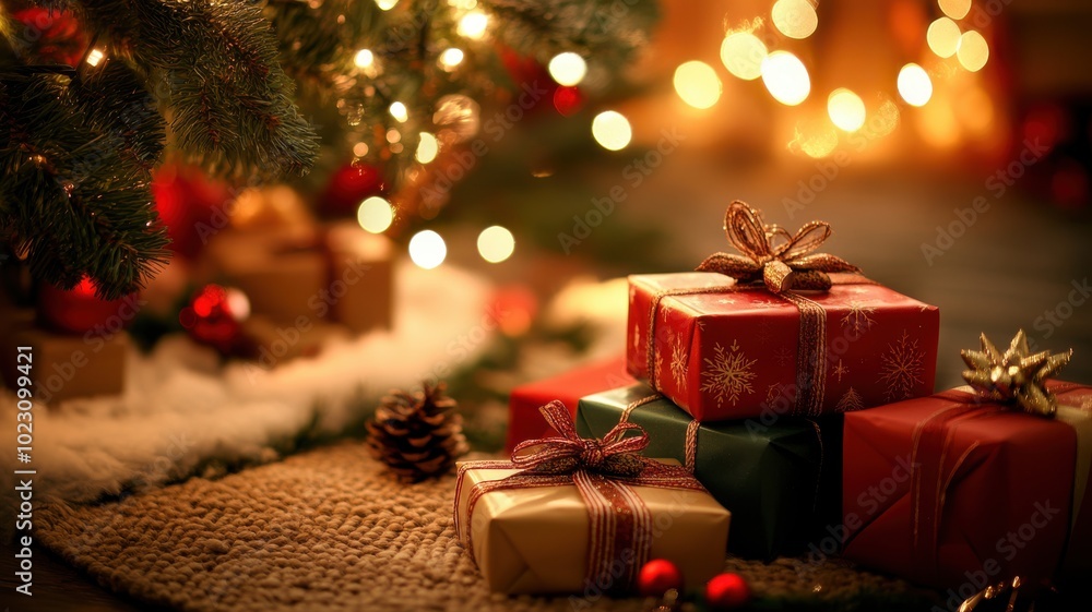 Festive Christmas tree scene with gifts in rich red, gold, and green, nestled among fairy lights, pinecones, and holly for a cozy holiday vibe. Christmas, toys Festive Christmas tree scene with gifts in rich red, gold, and green, nestled among fairy lights, pinecones, and holly for a cozy holiday vibe. Christmas, toys