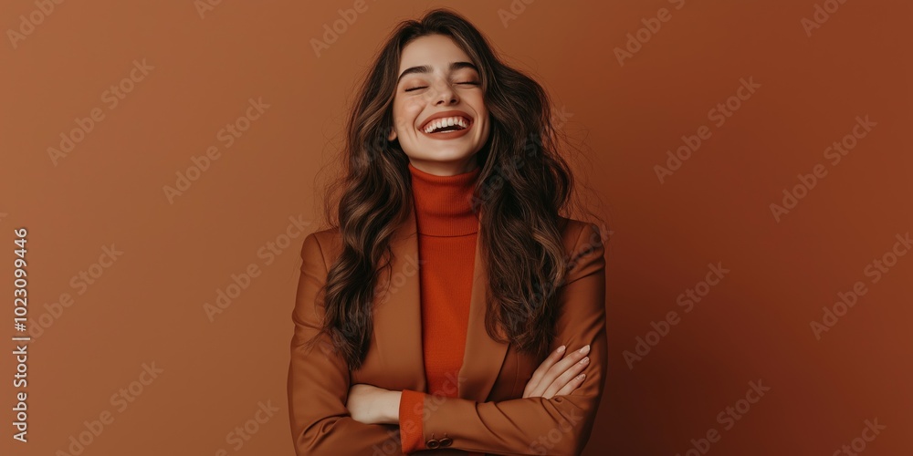 A woman with long hair is smiling and wearing a brown jacket. She is posing for a picture and she is happy A woman with long hair is smiling and wearing a brown jacket. She is posing for a picture and she is happy