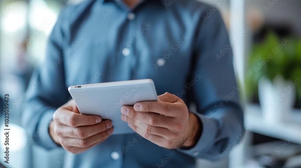 Individual wearing blue shirt using a digital tablet in a bright and modern setting, highlighting a blend of technology, focus, and contemporary style. Individual wearing blue shirt using a digital tablet in a bright and modern setting, highlighting a blend of technology, focus, and contemporary style.