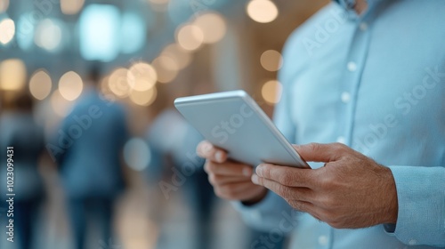 Professional man in blue shirt using a digital tablet in a modern office environment with blurred lights and people in the background.