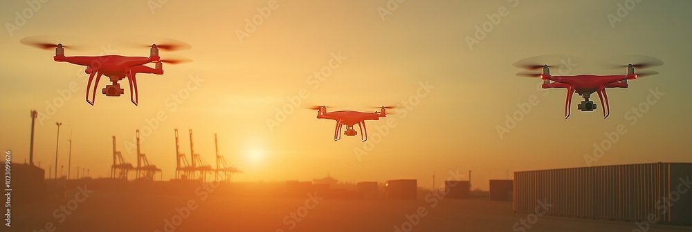 Drones flying against a sunset backdrop in an industrial area. Drones flying against a sunset backdrop in an industrial area.