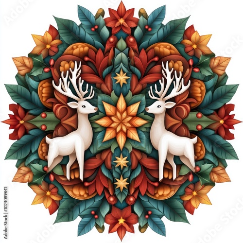 A stunning symmetrical design featuring deer amidst colorful foliage and flowers, perfect for seasonal decorations and art. photo