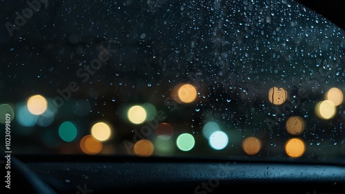 Close-Up of Raindrops on a Car Window: Moody City Night with Blurred Lights in the Background