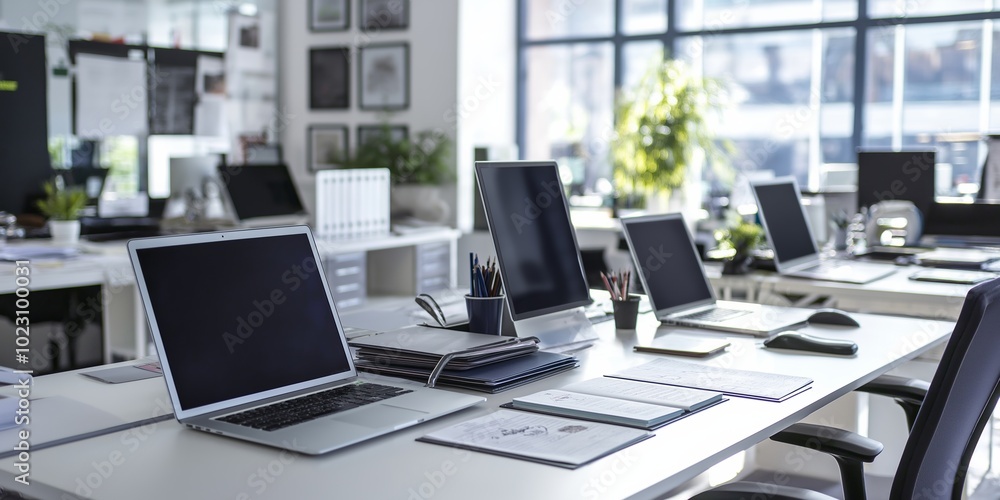 A white office desk with a laptop, a keyboard, a mouse, and a few books. The desk is surrounded by chairs and potted plants. Concept of productivity and organization A white office desk with a laptop, a keyboard, a mouse, and a few books. The desk is surrounded by chairs and potted plants. Concept of productivity and organization