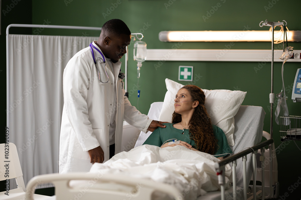 African doctor provides support, standing by the patient's side with an oxygen tube, engaging in a supportive and meaningful conversation. African doctor provides support, standing by the patient's side with an oxygen tube, engaging in a supportive and meaningful conversation.