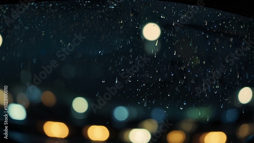 Close-Up of Raindrops on a Car Window: Moody City Night with Blurred Lights in the Background photo