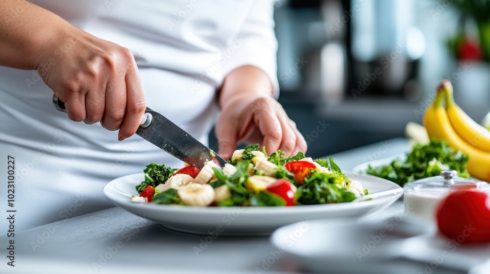 A chef expertly slices fresh vegetables with a knife, preparing a vibrant and colorful salad in a kitchen setting, showcasing culinary precision and creativity. A chef expertly slices fresh vegetables with a knife, preparing a vibrant and colorful salad in a kitchen setting, showcasing culinary precision and creativity.