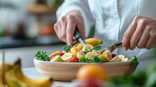 Hands of a chef skillfully preparing a fresh fruit salad with bananas, strawberries, and mint leaves, focusing on the colorful and healthy ingredients in a bowl.