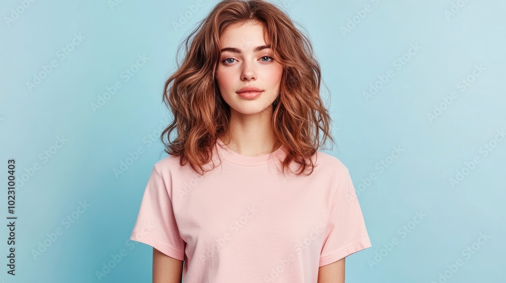 A stylish woman with wavy hair wearing a pink t-shirt against a blue background, showcasing confidence and modern fashion. A stylish woman with wavy hair wearing a pink t-shirt against a blue background, showcasing confidence and modern fashion.