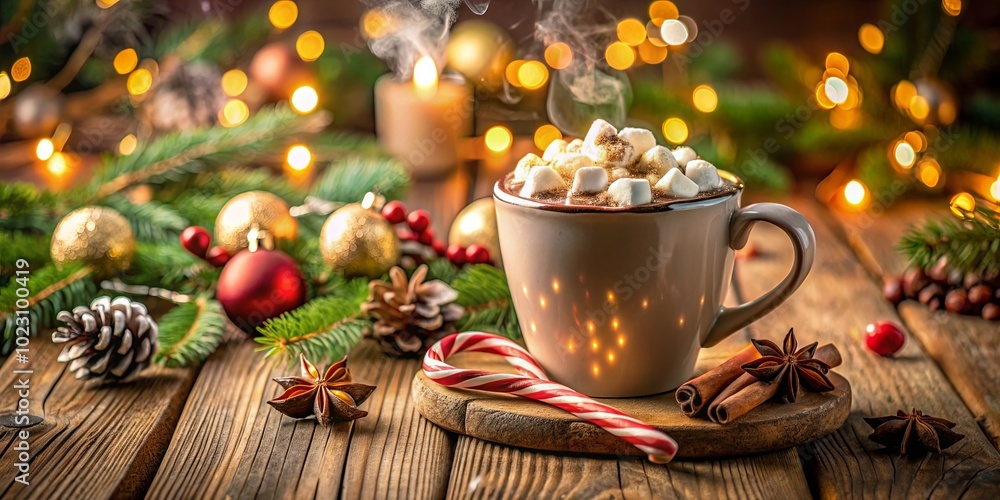 A steaming mug of hot cocoa with marshmallows nestled amongst festive decorations and a candy cane resting on a wooden board. A steaming mug of hot cocoa with marshmallows nestled amongst festive decorations and a candy cane resting on a wooden board.