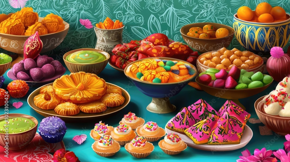 A vibrant display of assorted festive sweets, showcasing colorful desserts and traditional snacks on a bright blue background. A vibrant display of assorted festive sweets, showcasing colorful desserts and traditional snacks on a bright blue background.