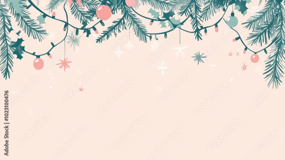 Decorative Christmas garland in bold style with fairy lights and baubles, on a soft pastel background with stars and snowflakes for a cozy, festive vibe. Christmas, toys Decorative Christmas garland in bold style with fairy lights and baubles, on a soft pastel background with stars and snowflakes for a cozy, festive vibe. Christmas, toys
