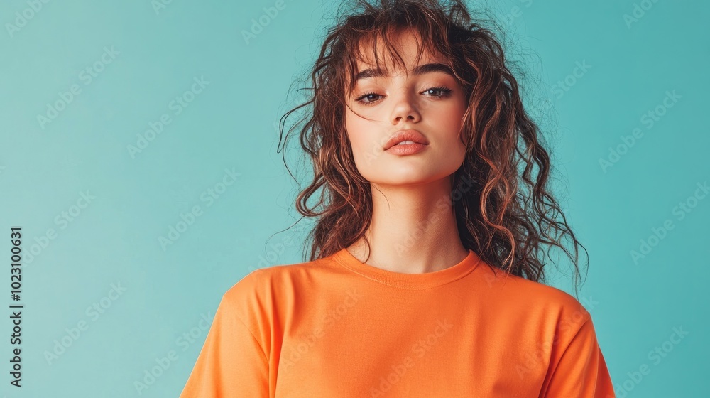 A stylish young woman poses confidently in an orange shirt against a vibrant blue backdrop, showcasing modern fashion aesthetics. A stylish young woman poses confidently in an orange shirt against a vibrant blue backdrop, showcasing modern fashion aesthetics.