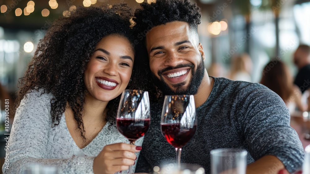 A beaming couple shares a joyful, heartwarming moment, holding glasses of red wine against a beautifully lit backdrop, capturing love and togetherness at its best. A beaming couple shares a joyful, heartwarming moment, holding glasses of red wine against a beautifully lit backdrop, capturing love and togetherness at its best.